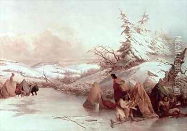 Spearing Fish in Winter Oil Painting - Seth Eastman