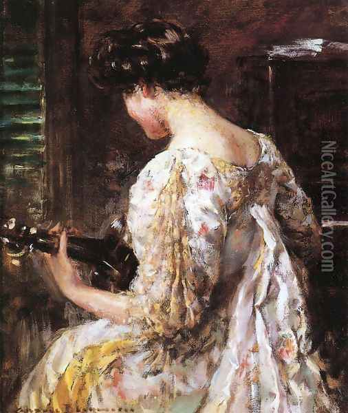 Woman with Guitar Oil Painting - James Carroll Beckwith