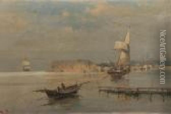 Boats In A Port Oil Painting - Constantinos Volanakis