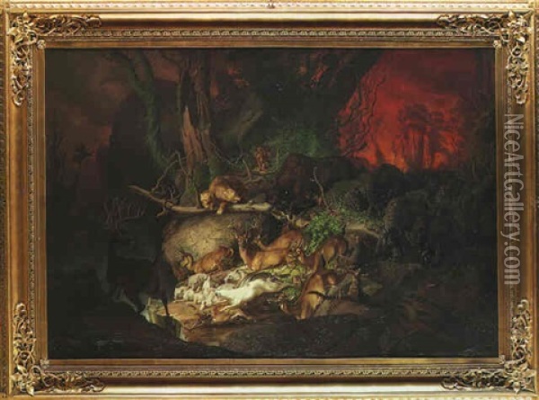 A Forest Fire, North America Oil Painting - Johann Friedrich Wilhelm Wegener