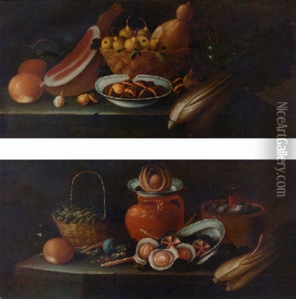 A Basket Of Pears With A Ham, Celery, A Glass And A Dish Of Nuts On A Ledger Oil Painting - Juan Van Der Hamen Y Leon