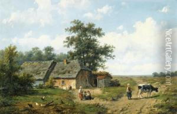 Figures Outside A Cottage On A Sunny Day Oil Painting - Anthonie Jacobus Van Wyngaerts