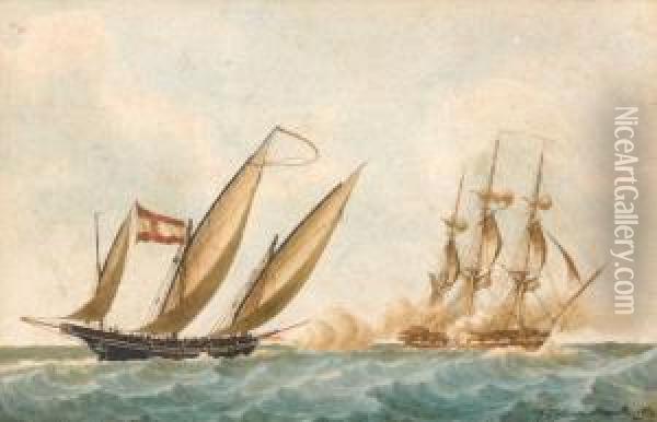 Combat Naval Entre Trois-mats Francais Et Goelette Oil Painting - Francois Geoffroy Roux
