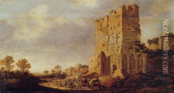 A Cavalry Skirmish By A Capriccio Of Roman Ruins Oil Painting - Pieter Jansz Post