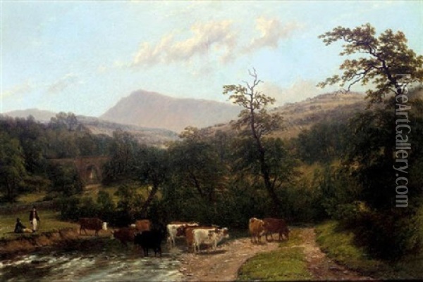 At The Ford Oil Painting - Thomas Baker
