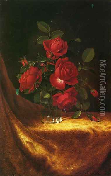 Four Roses In A Glass Oil Painting - Martin Johnson Heade