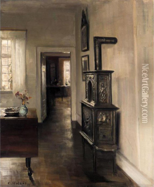 Interieur Med Pejs (interior With A Stove) Oil Painting - Carl Vilhelm Holsoe
