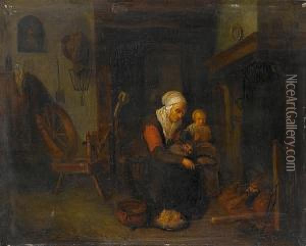 A Kitchen Interior With A Woman And Her Child By A Stove Oil Painting - Quiringh Gerritsz. van Brekelenkam