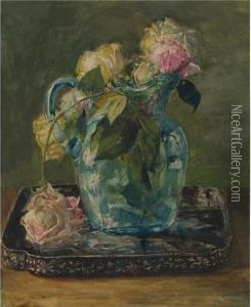 Roses In A Blue Crackle Glass Pitcher Oil Painting - John La Farge