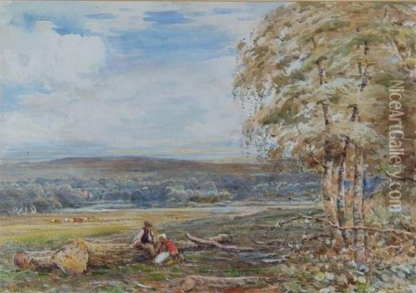 'shepherds Driving Their Flock In An Extensive Landscape With
Church In The Distance Oil Painting - Claude Hayes