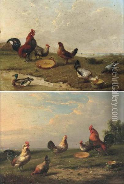 Poultry At The Pond; And Another Similar Oil Painting - Franz van Severdonck