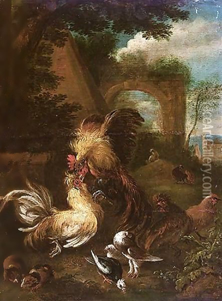 Landscape With Bantam Cockerels Fighting, Together With Guinea Pigs And Doves Oil Painting - Adriaen de Gryef