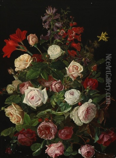 Still Life With A Bouquet Of Roses, Amaryllis And Digitalis Oil Painting - Sophus Petersen