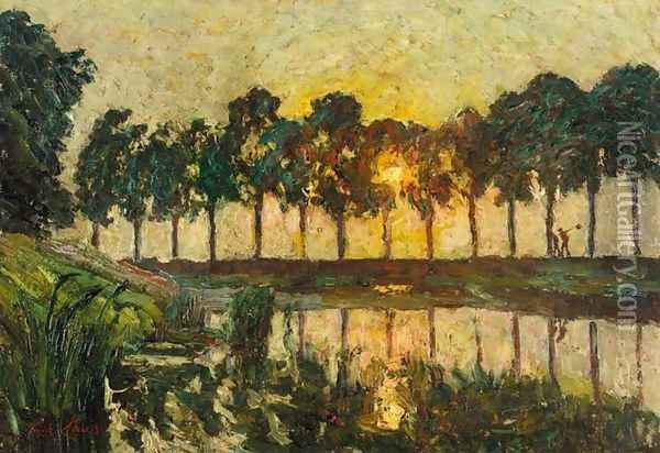 Trees by a Lake, Sunset Oil Painting - Emile Claus