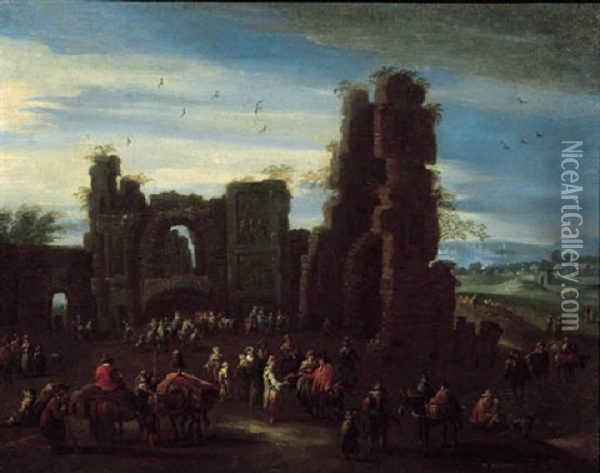 Travellers And Peasants By Classical Ruins In A Landscape Oil Painting - Mathys Schoevaerdts