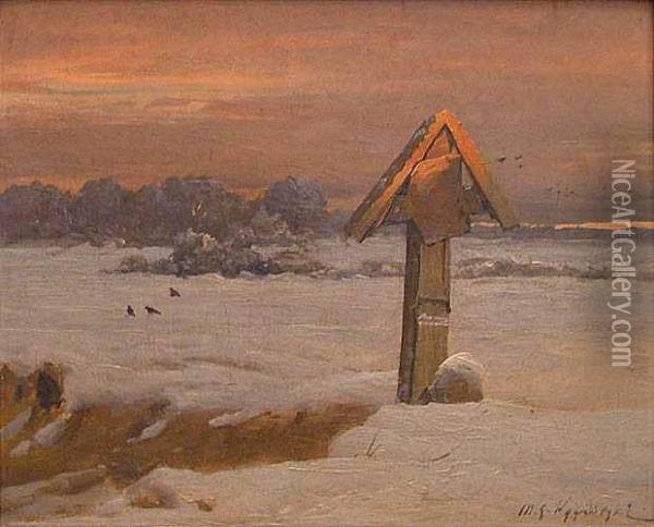 Pejzaz Zimowy Z Przydrozna Kapliczka Oil Painting - Michael Gorstkin Wywiorski