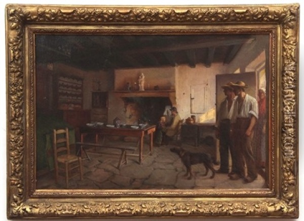 Kitchen Interior With Figures And Dog Oil Painting - Jean-Jacque-Baptiste Brunet