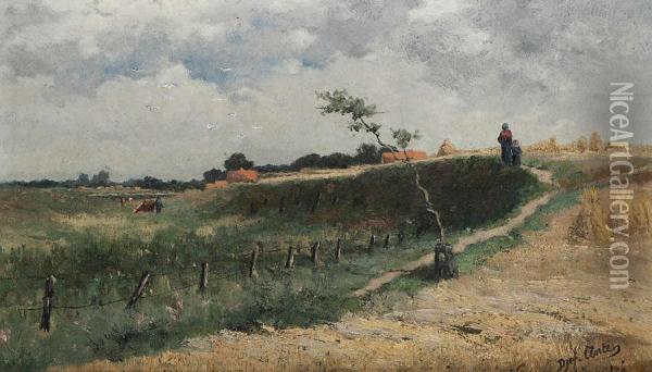 Glooiend Landschap Met Figuren Bij Hooimijten Oil Painting - D Jef Anten
