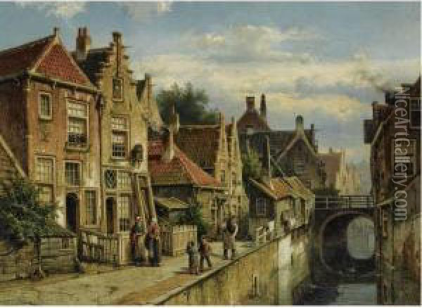 Figures On A Quay In A Sunlit Town, Possibly Haarlem Oil Painting - Willem Koekkoek