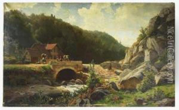 Mountain Landscape With House And People On Stone Bridge Oil Painting - Jacobus Nicolaas Tjarda Van Stachouwer