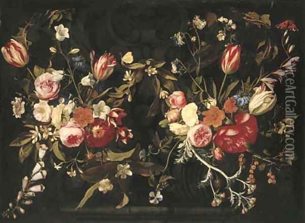 A garland of roses, tulips, cornflowers, foxgloves and other flowers against a stone cartouche Oil Painting - Gaspar Peeter The Elder Verbruggen
