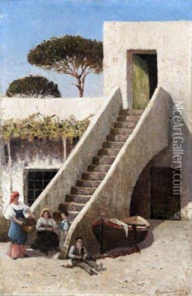 Scene Animee Devant Les Escaliers. Oil Painting - Francesco Coppola Castaldo