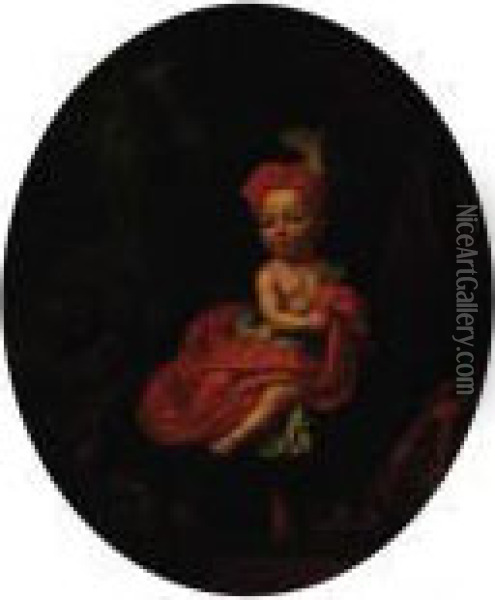 Portrait Of A Child, Small 
Full-length, Seated On A Blue Cushion,in A Red Cap And White Chemise 
With A Red Shawl, A Garden With Apeacock And Female Statue Beyond, In A 
Feigned Oval Oil Painting - Mattheus Verheyden
