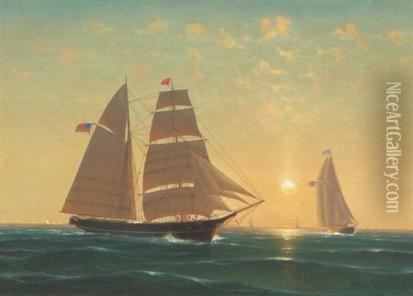 Full Sail, Boston Harbor Oil Painting - George Curtis