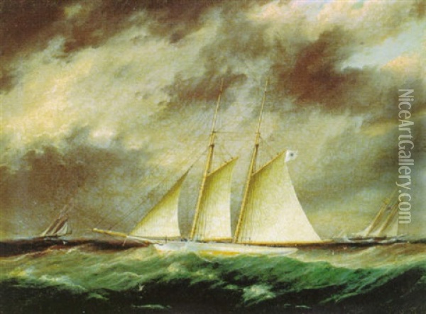 Schooners In Rough Seas Oil Painting - James Edward Buttersworth