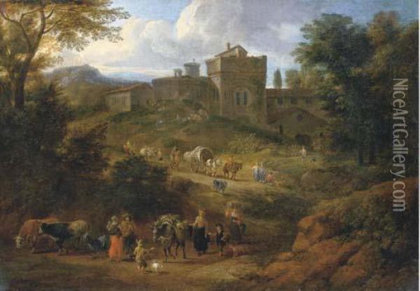 An Italianate Landscape With Travellers On A Hilly Path Near A Villa Oil Painting - Mattijs Schoevaerdts