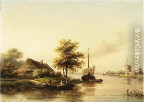 A River Landscape In Summer Oil Painting - Jan Jacob Coenraad Spohler