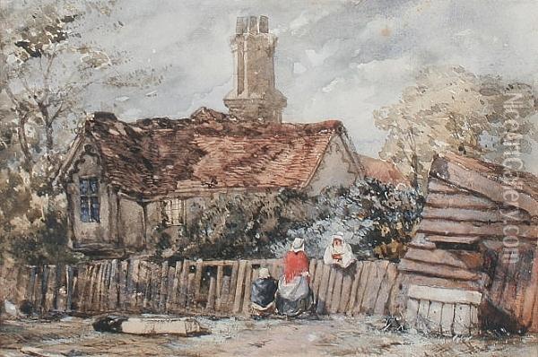 Conversation Over The Garden Gate, A Farmhouse Beyond Oil Painting - William Evans Of Bristol