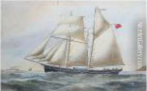 The Vessel 'm. A. Mandall', Under Sail, Off A Coastline Oil Painting - Reuben Chappell Of Poole