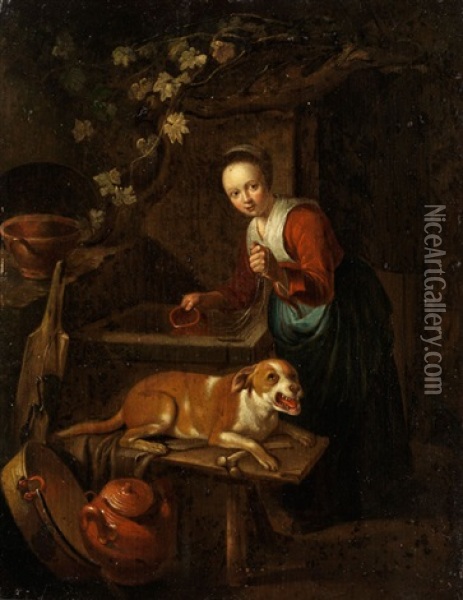 Junge Magd Mit Hund Beim Wasserschopfen Am Brunnen Oil Painting - Pieter Cornelisz van Slingeland