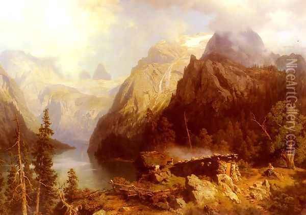 A Shepherdess and Sheep resting by a Lake in an Alpine Landscape Oil Painting - August Wilhelm Leu
