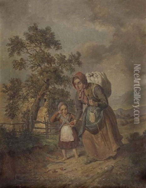 Mutter Und Weinende Tochter Auf Dem Langen Heimweg Oil Painting - Eduard Ritter