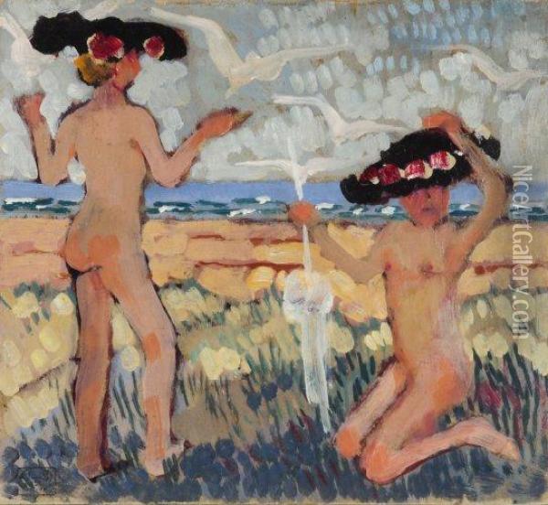Les Deux Baigneuses Aux Chapeaux Noirs Oil Painting - Jean Emile Laboureur