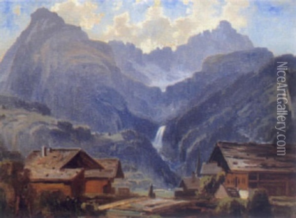 Blick Auf Ein Gebirgsdorf Oil Painting - Adolf Obermuellner