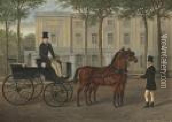 A Hackney Carriage With Driver And Groom Oil Painting - Of John Alfred Wheeler