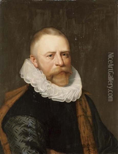 Portrait Of Rombout Hogerbeets In A Black Vest And Fur Lined Cloak Oil Painting - Jan Anthonisz Van Ravesteyn