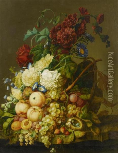 Still Life Of Flowers And Fruits. Oil Painting - Jan van Os