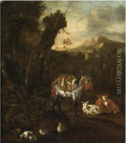 An Italianate Wooded Landscape 
With A Harnessed Donkey, A Cow, Asheep And Ducks Near A Pond In The 
Foreground Oil Painting - Willem Romeyn