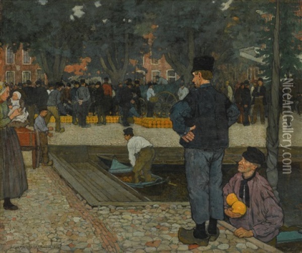 A Dutch Cheese Market Oil Painting - Charles William Bartlett