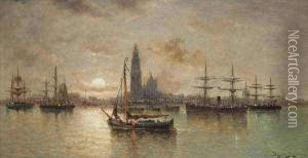 Zeilboten Voor De Rede Van Antwerpenbij Maanlicht Oil Painting - Auguste Henri Musin