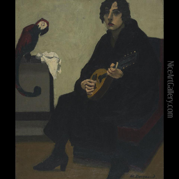 Woman With Mandolin And Her Pet Parrot Oil Painting - Marius Borgeaud