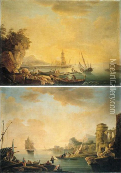 Mediterranean Harbour Scenes At Sunset Oil Painting - Claude-joseph Vernet
