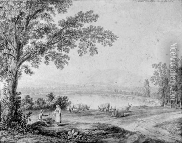 A View Of The Lake At Persano, 
Near Paestum, With Shepherds Andcattle In The Foreground; And A View Of 
Lake Agnano Oil Painting - Jacob Philipp Hackert