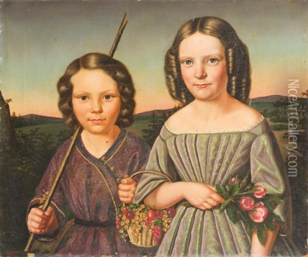 Junges Geschwisterpaar Mit Blumen Und Fruchtekorb Oil Painting - Georg Schirmer