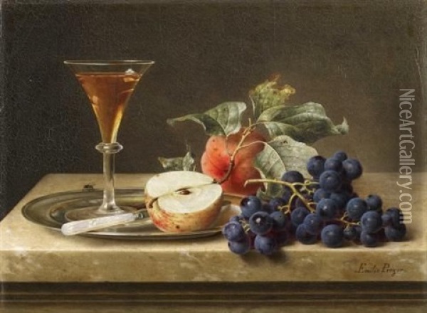 Fruchtestillleben Mit Sektglas, Messer Und Halbem Apfel Auf Einer Silbernen Schale Oil Painting - Emilie Preyer