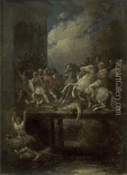 Cavalier Entrant Dans Une Forteresse Oil Painting - Francois-Louis Lanfant